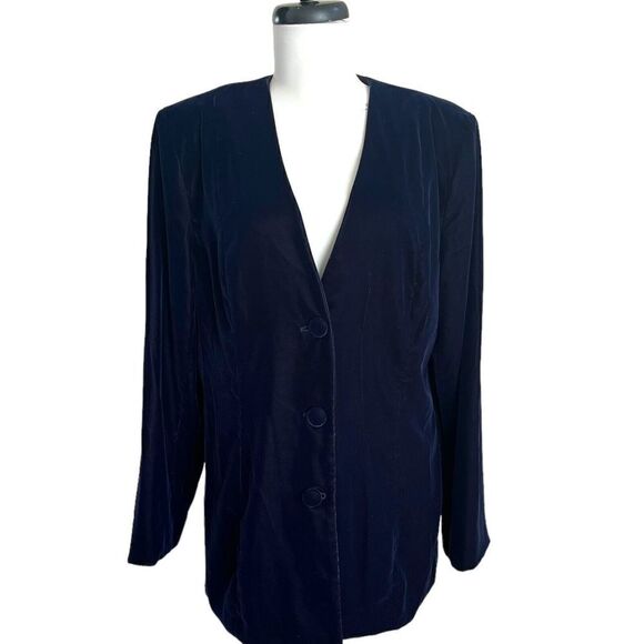 Vintage Talbots Navy Velvet Blazer button Jacket V neck Collarless Size 12 - Picture 9 of 15